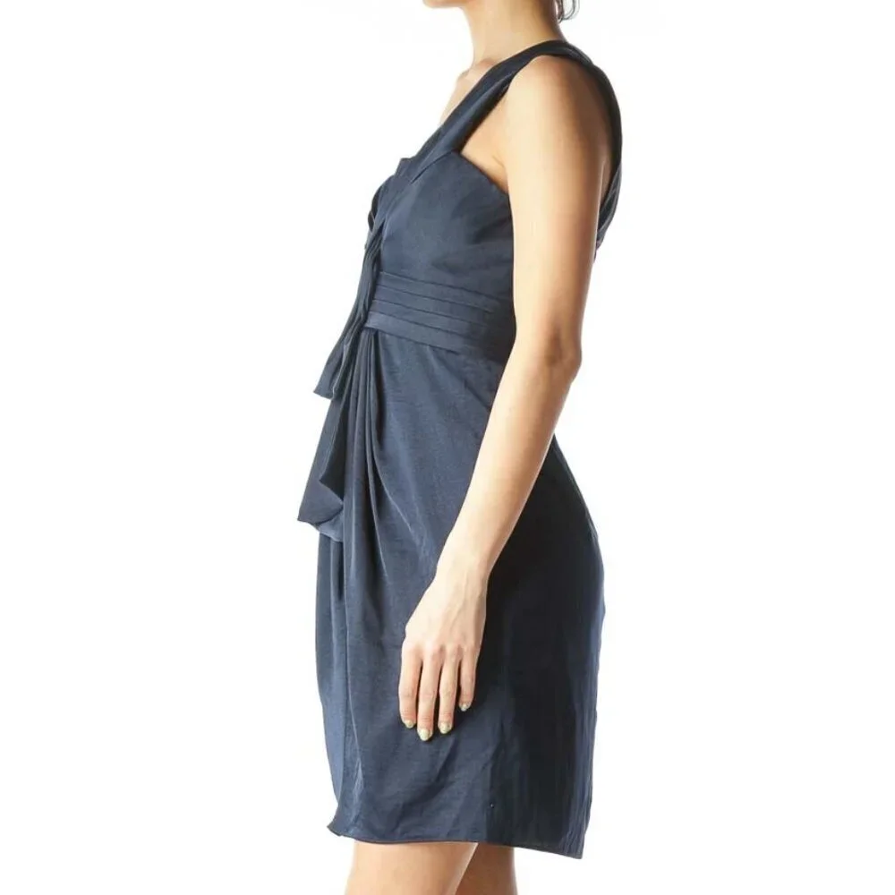 BCBG MaxAzria Navy Blue Shoulder-Strap Ruffle-Detail Cocktail Dress - Picture 2 of 3